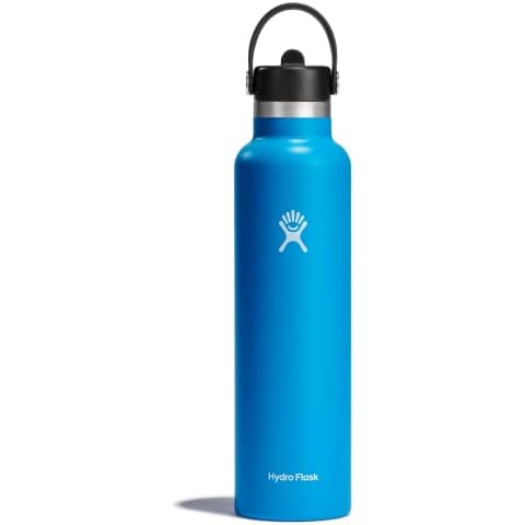 HYDRO FLASK - Water Bottle 709 ml (24 oz) with Flex Straw Cap - Vacuum Insulated Stainless Steel Reusable Water Bottle - Leakproof Lid - Hot and Cold Drinks - Standard Mouth - BPA-Free - Pacific Cover