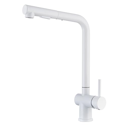 EGSO Robinet cuisine douchette Blanc Mitigeur cuisine avec douchette avec 2 types de jets, robinet d’évier rotatif à 360° acier inoxydable