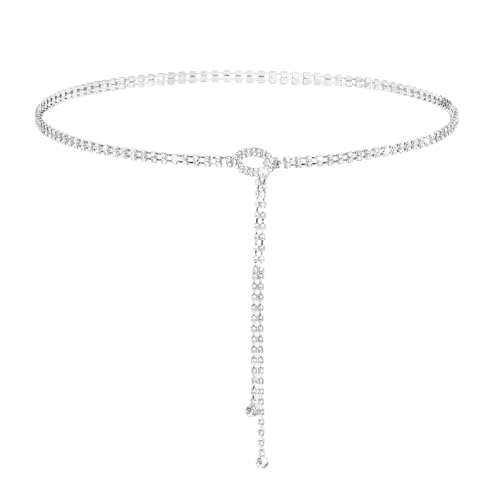 Bewudy Rhinestone Belts For Women, Silver Rhinestone Dress Belts Sparkly Crystal Chain Belt for Women, Wedding Party