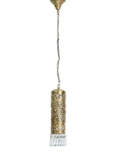 Image of Hand Carved Brass & Crystal Mini Cylinder Hanging Light Lamp Diwali Decoration for Home Decoration