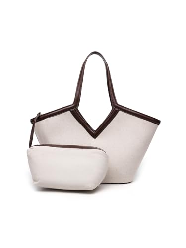 Bolsa tote de lienzo con monedero a juego, ribete de cuero marrón, diseño en V, beige miniatura 2