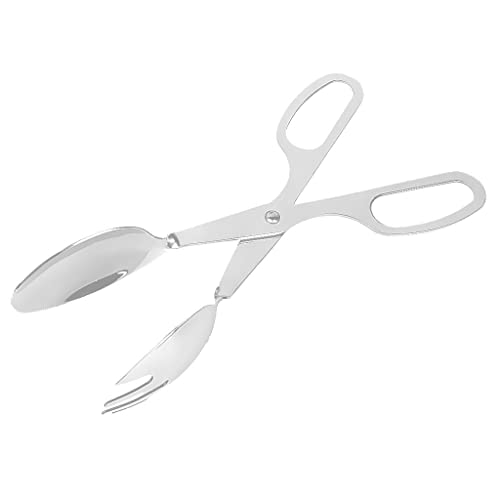Tiuimk Pinzas de ensalada de acero inoxidable, combinación duradera de tenedor y cuchara con asas estilo tijera, ideal para servir ensalada, carnes, queso, mariscos, 10.5 pulgadas, plateado