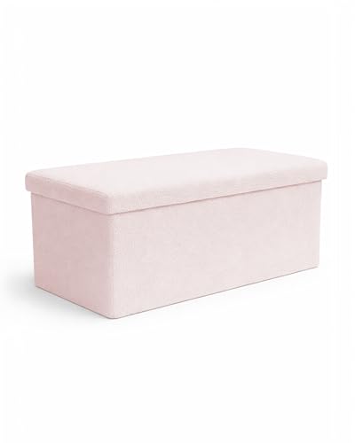 KEPLIN Storage Ottoman Bench 76×38×38 cm – Large 90 L Hidden Storage, Rapid Fold‐Flat Design, 150kg Load Capacity, Tufted Teddy Fabric Finish – Ideal for Hallway, Bedroom, Living Room - Pink