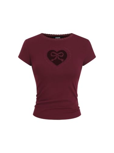 CIDER Graphic Tees Cute Tops Cotton Blend Bowknot Heart Lace Trim Crew Neck Short Sleeve T Shirt