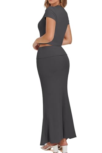 Image of CHYRII Womens Two Piece Sets Short Sleeve Crewneck Cropped Top Bodycon Fold Over Maxi Skirt Maxi Dress Outfit