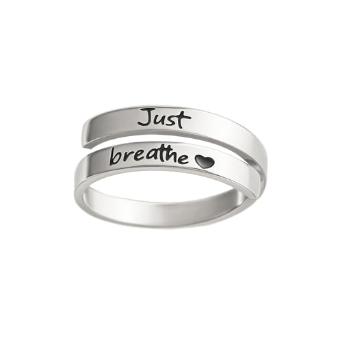 HOLINSE Just Breathe Ring for Women Adjustable Heart Ring Stainless Steel Spiral Wrap Healing Rings Inspirational & Heart felt Gift (Silver 7)