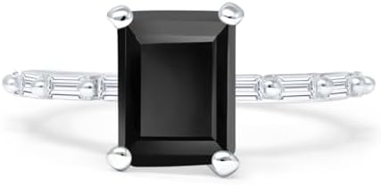 OMRANII Natural Black Onyx Size-5 Art Deco Emerald Cut Solitaire Vintage Style Sparkling Baguette Wedding Engagement Ring Solid 925 Sterling Silver