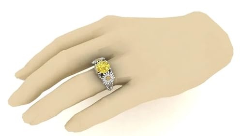 Round Cut Simulated Yellow & Diamond 925 Sterling Silver Diamond Sunflower Design Wedding Engagement Ring for Women's In 14K White Gold Over3