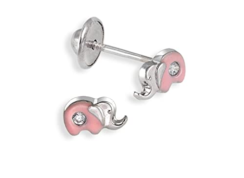 Turmalina   Pendientes bebe niña elefante rosa y circonita de Plata de Ley 925, pendientes con piedra, tamaño de 7x5 mm, de la marca de joyería Turmalina by Martina