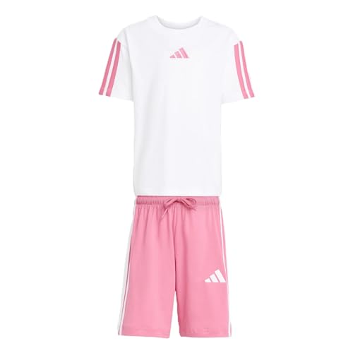adidas Unisex Kinder ESSENTIALS SMALL LOGO STRIPES T-SHIRT SET, white/pink fusion, 6-7 Years