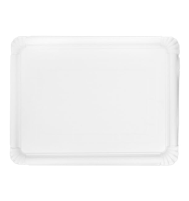100 Bandeja de Cartón Blanca 28×36 cm | Rectangular Compacta | Resistente al Aceite y Calor | Ideal para Degustaciones y Catering | Pack de 100 Unidades