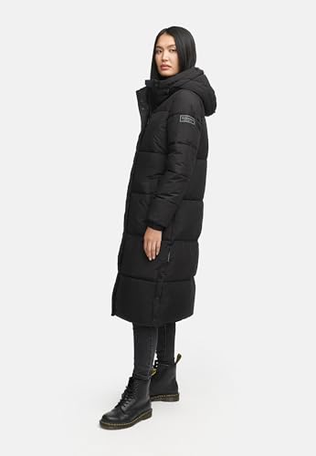 Navahoo Damen langer Wintermantel warmer Steppmantel mit 2-Wege-Reißverschluss und verstellbarer Kapuze Taublüte XIV Black Gr. XS