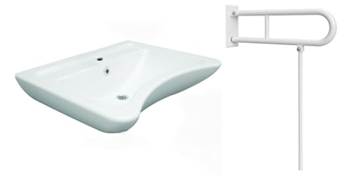 Lavabo de cerámica accesible con soporte plegable blanco con barra de agarre y pierna