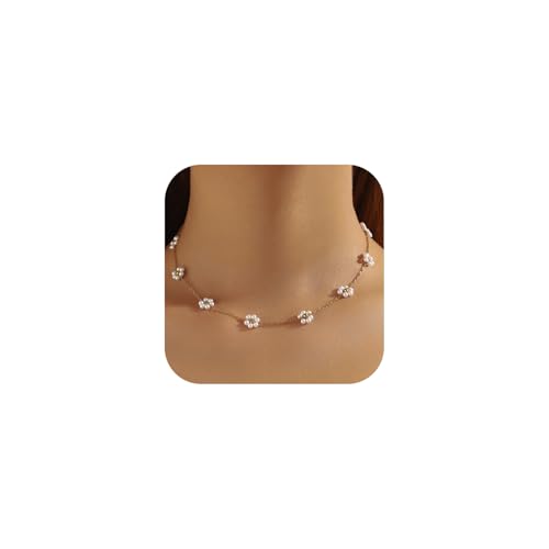 Daisy Pearl Necklaces for Women, Gold Plated Stainless Steel Handmade Flower Choker Jewelry for Women