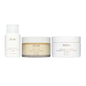 OUAI St. Barts Travel Bundle - Includes Scalp & Body Scrub, Foaming Body Cleanser, and Hydrating Body Cream - Travel Size Hair & Body Care (3 Count, 3.4 Oz/3.4 Oz/3 Oz)