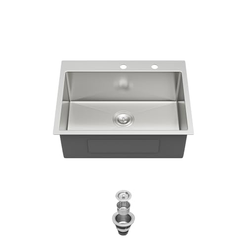 Image of Kichae 24 Drop In Kitchen Sink - Stainless Steel Sinks 24 x 18 Inch Topmount Overmount Single Bowl Handmade Basin with Accessories