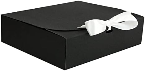 Emartbuy Pack of 12 Square Shaped Presentation Gift Box, 24 cm x 24 cm x 5 cm, Easy Assembly, Black Box with Bow Ribbon