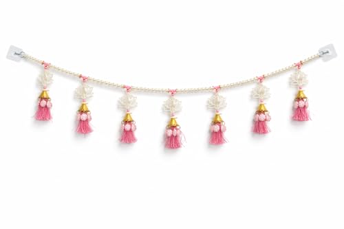 Image of Handcrafted Pearl Lotus Door Toran | 3 Feet Decorative Bandhanwar with Pink Tassels | Traditional Wall Hanging for Main Door, Pooja, Diwali, Wedding & Griha Pravesh