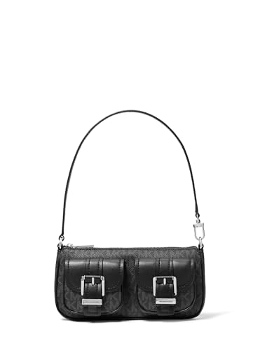 Michael Kors Zoe pequena bolsa conversível, ferragens prateadas/sarja revestida com assinatura Tonal MK/preta