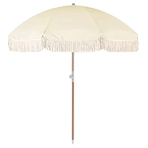 OKSTENCK 6.7FT Vintage Tassel Beach Umbrella, Outdoor Umbrella with Tassel for Yard Beach Patio, Beige