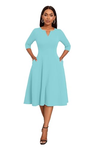 Image of Nmoder Midi Dresses for Women A-Line Fit and Flare Dress 3 /4 Sleeve V Neck Cocktail Wedding Guest Work Dress with Pockets