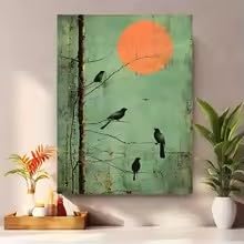 LIRHIQYGF Branches and Birds Poster and Prints Green Background Sunset Canvas Painting Wall Art Living Room Home Decor(60x90cm/Frame)