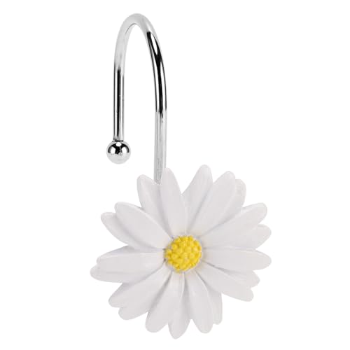 Flower Shower Curtain Hooks 12 Pack Rustproof Stainless Steel Decorative Bohemian Floral Bathroom Accessories for Curtain Rod and Shower RodWhite