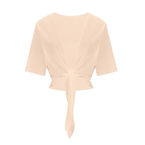 Image of Women's Chiffon Cropped Bolero Sheer Shrugs for Dress Short Sleeve Tie Front Cardigan