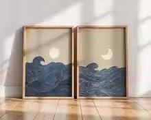 LMAIWANG Láminas decorativas minimalistas con diseño de luna creciente en lienzo, pósteres abstractos de paisajes en lienzo para decoración moderna del hogar y la sala de estar (80x120cmx2/sin marco)