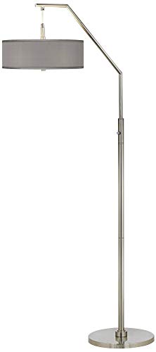 Possini Euro Design Modern Arched Floor Lamp 71.5" Tall Brushed Nickel Silver Standing Base Gray Textured Faux Silk Drum Shade For Living Room Reading House Bedroom Home Office #TOP2