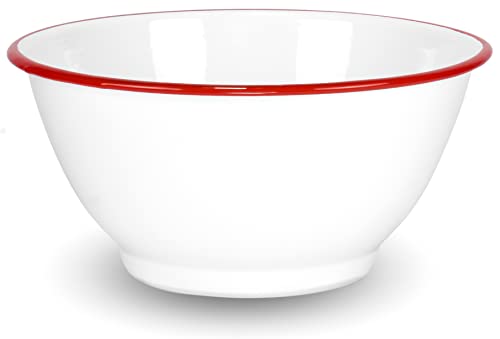 Red Co. Set Of 2 Enamelware Metal Large Classic 4 Quart Round Salad Serving Bowl, Solid White/Red Rim #TOP1