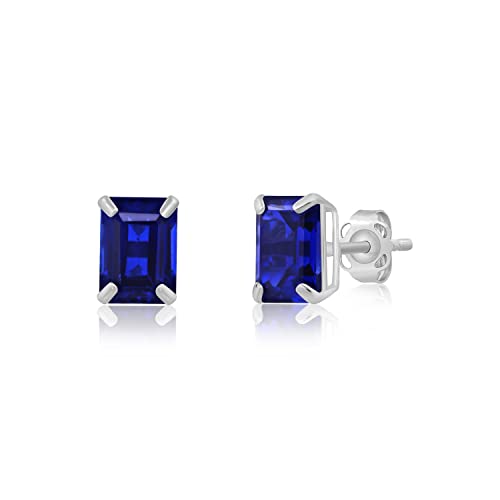 14k White Gold 7x5mm Solitaire Emerald-Cut Created Blue Sapphire Stud Earrings