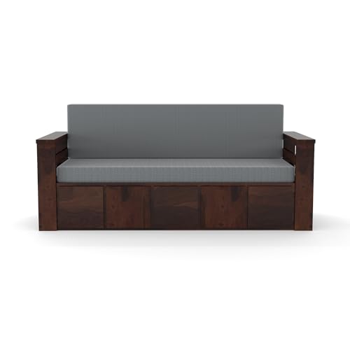 Image of Kunjal Furniture Solid Sheesham Wood Sofa Cum Bed with Storage for Living Room | Natural Finish | 3-Seater Convertible Sofa Bed | Handmade Wooden Furniture (Walnut, Contemporary)