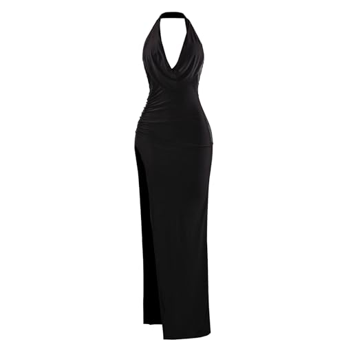 Image of Women's Fashionable and Sexy deep V-Neck Hanging Backless Temperament Split Buttocks Wrapped Dress