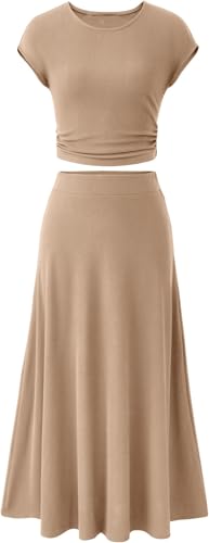 BUNSLOOM Zweiteiler Damen Sommer Rundhals Kurzarm Strickoberteil mit Raffung Elastischer Bund A-Linie Midirock