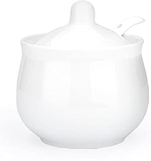 Cyimi Sugar Bowl Porcelain with Lid and Spoon,7 OZ Ceramic Salt Storage Jar, Sugar Pot White Seasoning Container for Spice Home and Kitchen,White,210ML