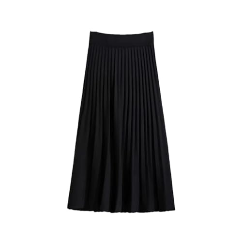 Women Mid-Length Spring and Fall High Waist Thin A-Line Wool Solid Pleated Long Knitted Skirt