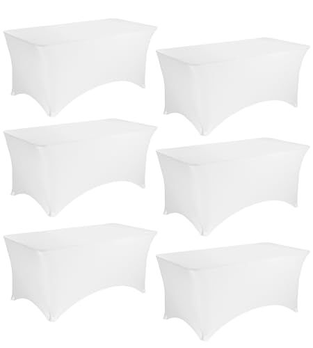 Image of 6 Pack 6FT Spandex Table Covers Washable Wrinkle Resistant Stretch Table Cloth for Folding Table Wedding Party Birthday Banquet Bar Events（White）