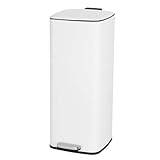 CasaSelección Cubo de Basura de 30 Litros de Acero Inoxidable Blanco de 37x27x65 cm. Papelera con Cubo Interior Extraíble de Polipropileno con Asa y Apertura con Pedal