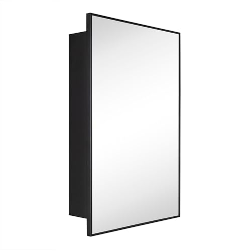 Image of TEHOME 20'' x 30'' Black Recessed and Surface Mount Bathroom Medicine Cabinet with Mirror Matt Black Square Cornered Metal Framed Rounded Rectangle Medicine Cabinet Mirror