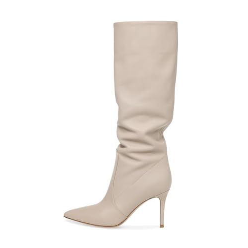 Stiletto heels Pleated boots Beige Knee high boots ladies Pointed toe shoes 9cm heels Slip on brown booties for woman gold silver boots Pull On Slouchy tan Dressy fall boots