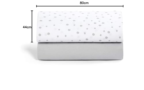 Snuz Bedside Crib Fitted Sheets - Fits All SnuzPod Cribs, 100% Jersey Cotton SnuzPod Sheets, Machine Washable, Tumble Dryer Safe, Breathable, Universal Fit 44x80cm, 2 Pack, Grey Spot