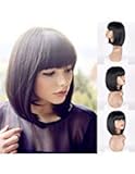 MERISIHAIR Halloween Short Bob Wigs Synthetic Hair Black Straight Wig with Flat Bangs 11 Inches Heat Resistant Kinky Full Wigs for Women Natural As Real Hair+Free Wig Cap(Black)