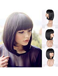 MERISIHAIR Short Bob Wigs Synthetic Black Straight Wig with Flat Bangs Heat Resistant for Women Natural As Real Hair Free Wig Cap 12 Inches