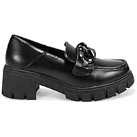 BOSANOVA Mocasines con Total Look Negro de Estilo Oxford en Tendencia confecionados en Piel Vegana con Detalle de Cadena Negra y Suela Dentada. Sin Cierre. Calzado para Mujer Negro 36