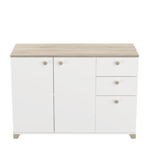 Demeyere Buffet 3 Portes et 2 Tiroirs- Décor Chêne Kronberg et Blanc - Style Contemporain- pour Salon, Salle à Manger- L119,6 x P41,9 x H85,1 cm
