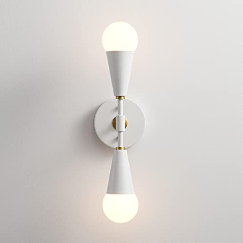 Image of BRIGHTTIA Vicky 2 Light Cone Socket Wall Sconce - Mid Century Modern Fixture for Wall & Ceiling - Minimalist Edison Lamp for Hallway and Bathroom Vanity - White & Gold (BW0027-2WG)
