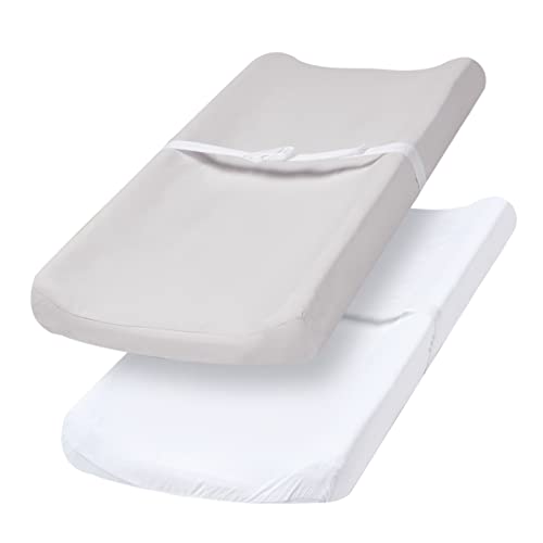 Image of PHF Baby Changing Pad Covers for Boys Girls, 2 Pack Ultra Soft Breathable Microfiber Changing Pad Table Sheets for Most Baby Changing Pads, White & Light Grey
