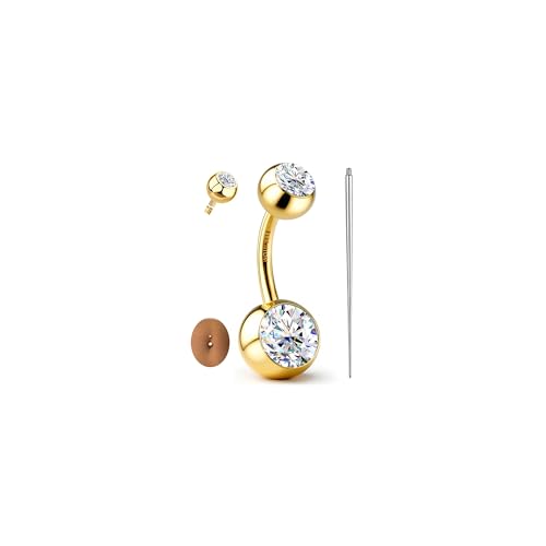 GEMQUEEN 18K Gold Plated Belly Button Ring - Moissanite G23 TItanium Hypoallergenic Internally Threaded Belly Rings 14G Navel Piercing Jewelry For Women Men D Color VVS1 Clarity Brilliant Cut 10mm
