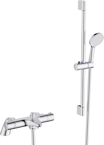 MORADO Thermostatic Bath Shower Mixer Tap Set Bathtub Shower Mixer Tap with with Shower Riser Kit (1x Hand Shower 1x Shower Rail 70cm 1x Shower Hose 1.5m 1x Deck Mounted Bath Shower Tap) Chrome